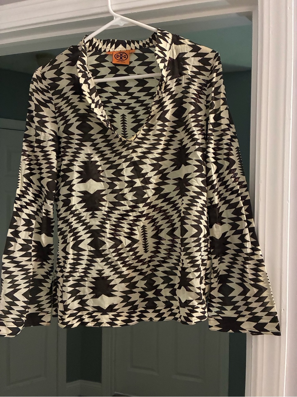 Tory Burch Brown & Cream Geometric V-Neck Blouse